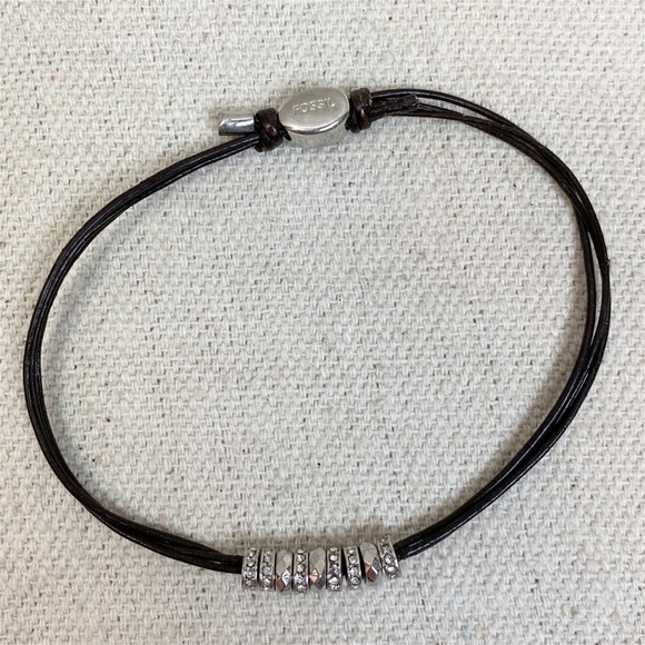 Fossil Rhinestone Pavé Silver Tone Beads on Leather Cord Adjustable Bracelet - Picture 2 of 4